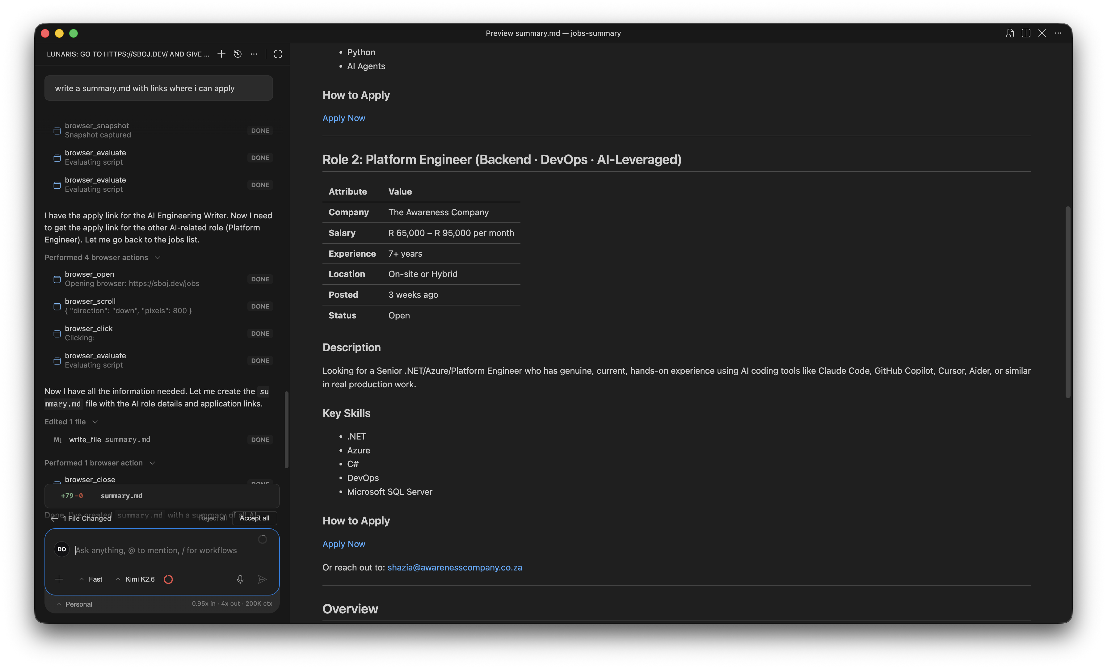 Lunaris chat showing AI roles summary results