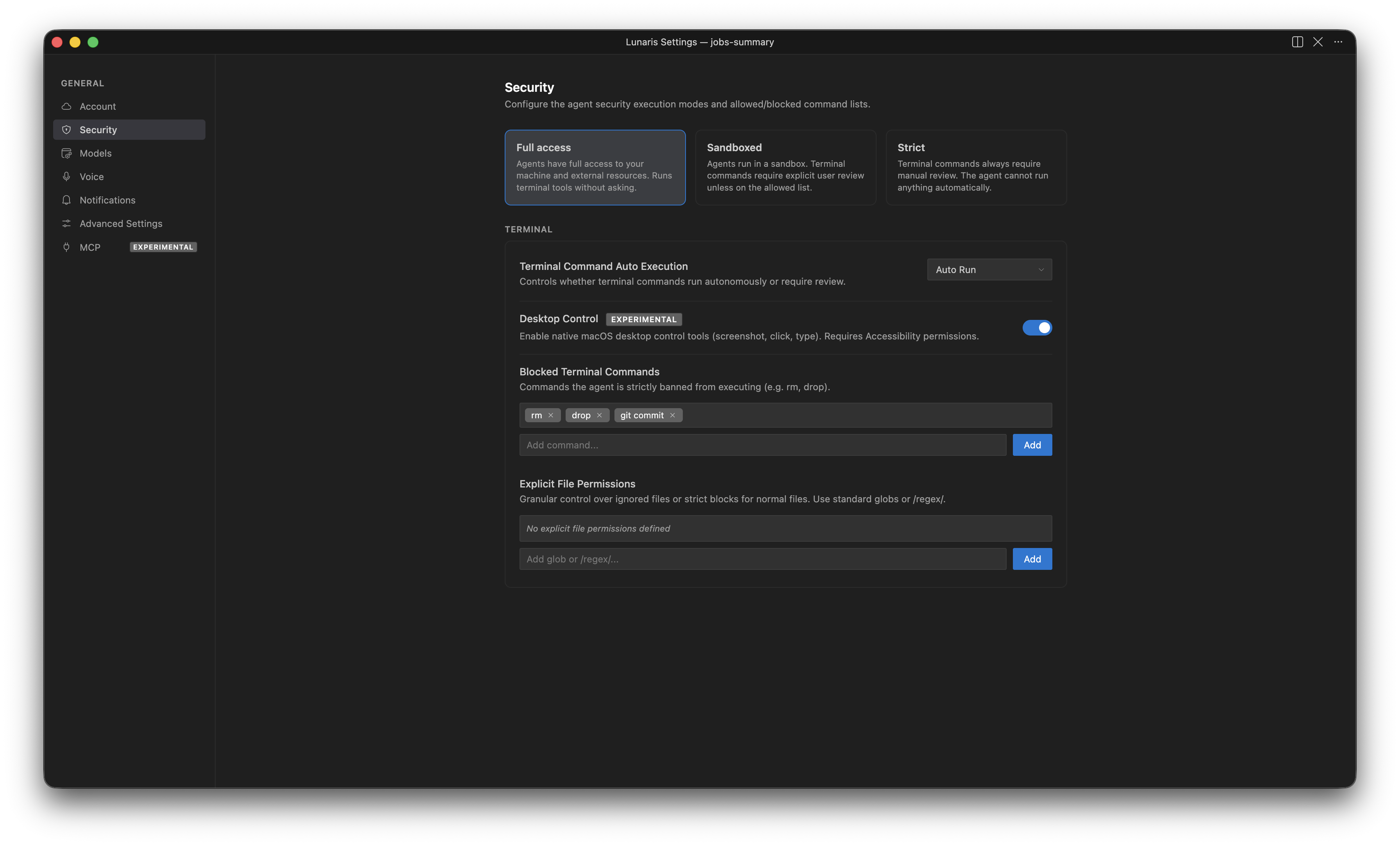 Lunaris security settings with full desktop control enabled