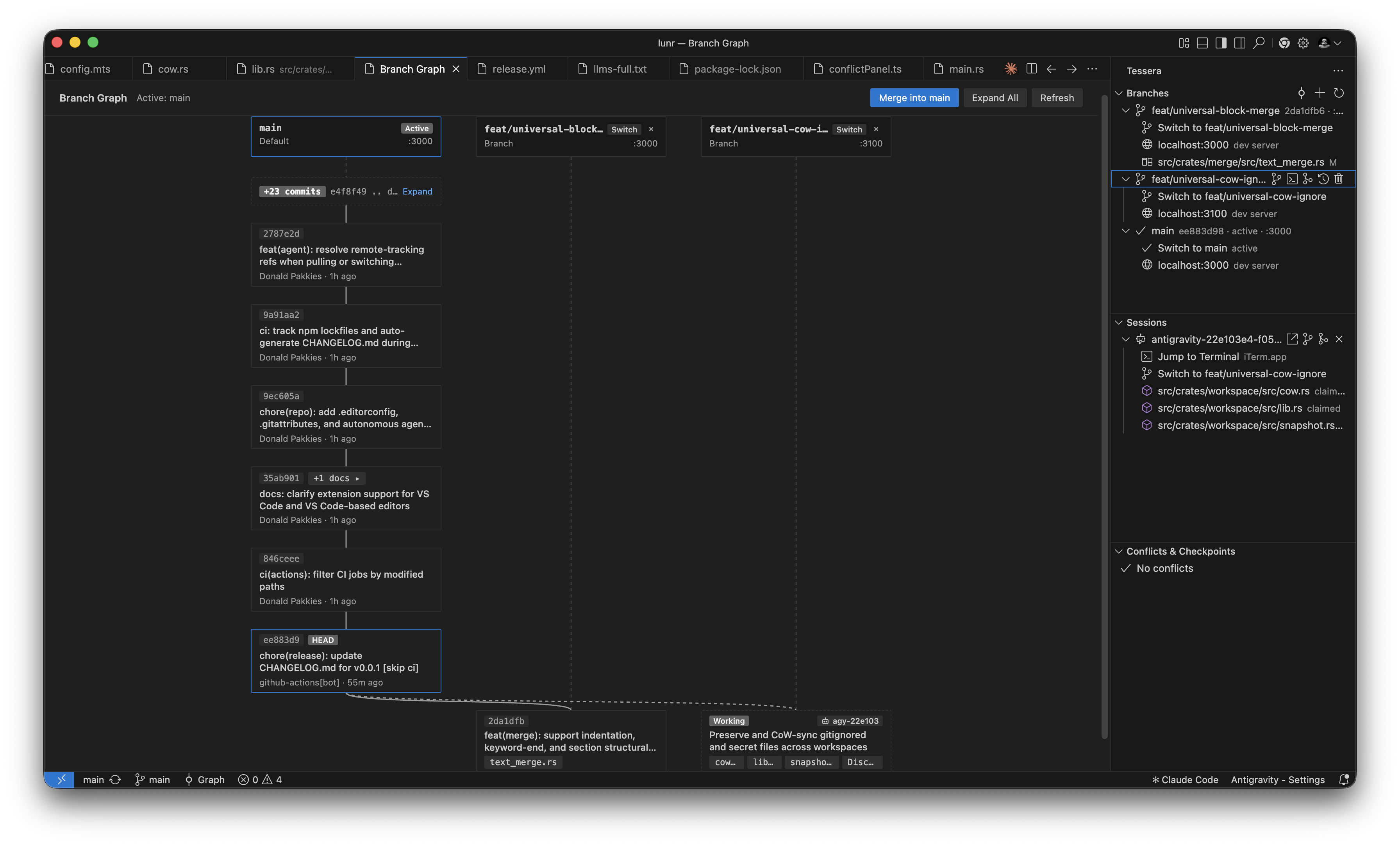 Tessera Branch Graph and Sidebar in Antigravity